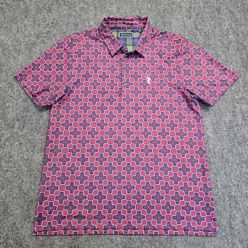 William Murray Golf Short Sleeve Burgundy Geometric Polo Shirt Mens Sz L Stretch